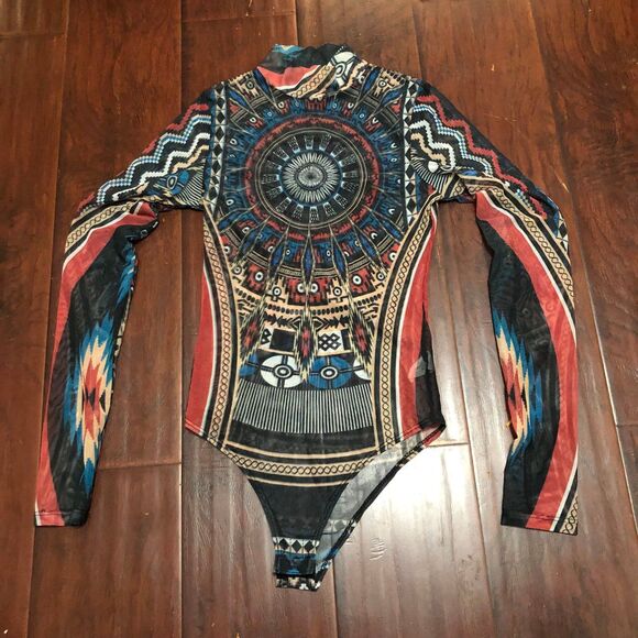 Womens Sheer Longsleeved Aztec/Southwestern Print Bodysuit, High Mock Neck sz S - Picture 1 of 9